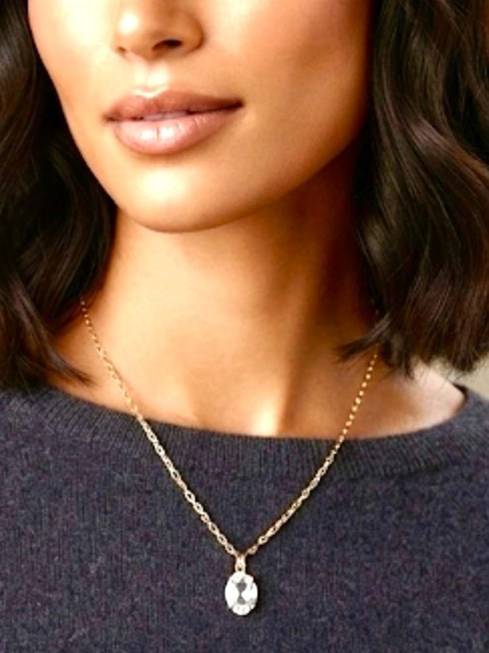 Gold-Tone Chain Necklace with Clear Oval Crystal Pendant